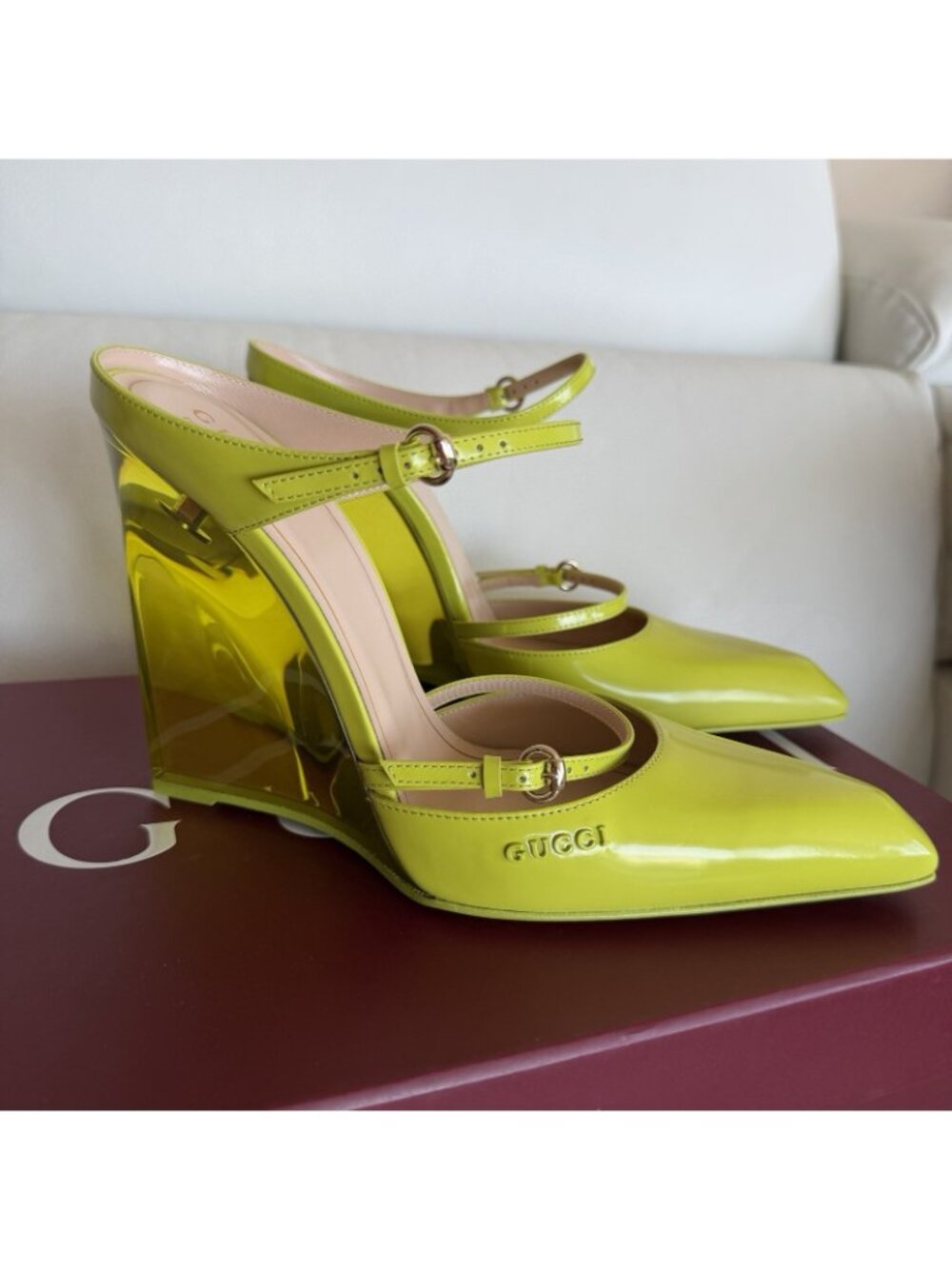 Gucci Lime Green Patent Leather Mary Jane Wedge Heels - Picture 10 of 11